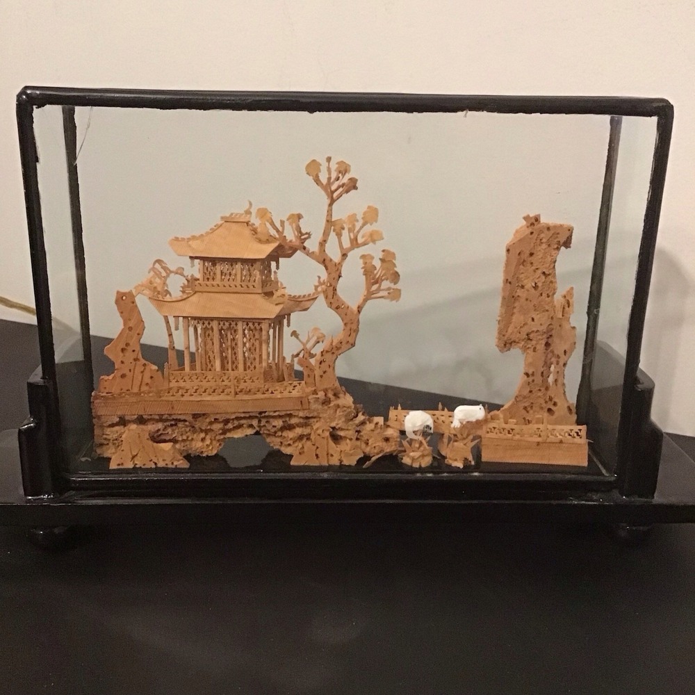 Vintage Chinese Cork Carving Diorama Shadow Box